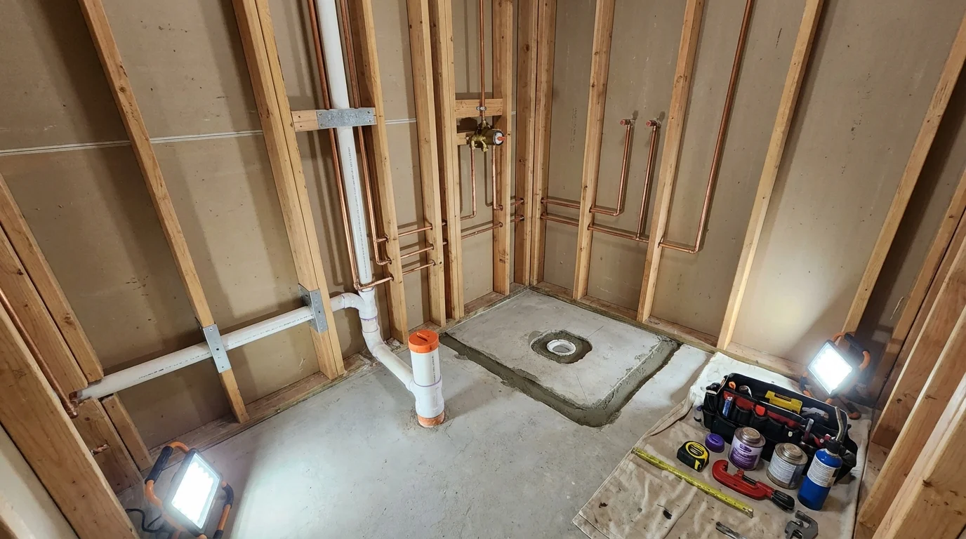 Bathroom rough-in plumbing during remodel by Johns Plumbing LLC in Grundy Center