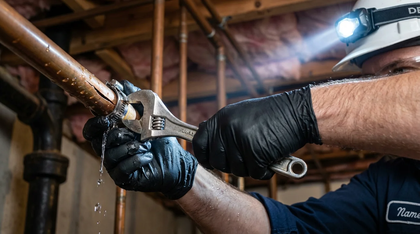Emergency pipe clamp repair being performed by a Johns Plumbing LLC plumber in Grundy Center