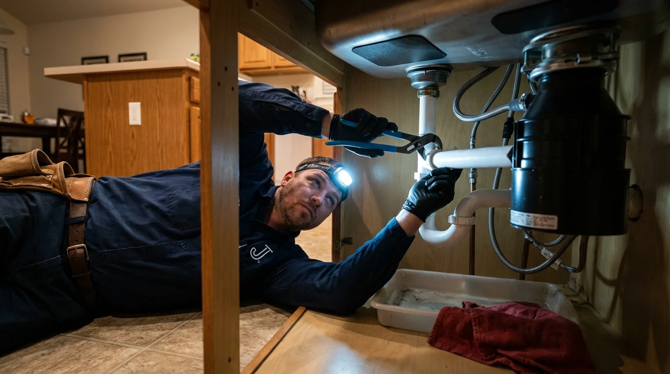 P-trap and supply line connections under a kitchen sink showing a common leak point in Grundy Center, IA